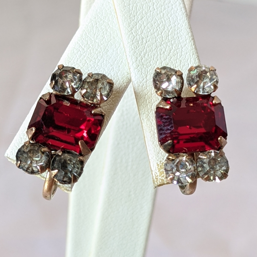 Vintage Gold & Red Rhinestone Screw Back Earrings